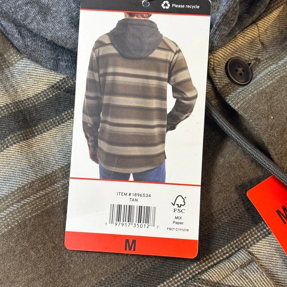 NWT Quiksilver Men's Striped Hooded Flannel Shirt Jacket Size Medium‎ Tan Brown